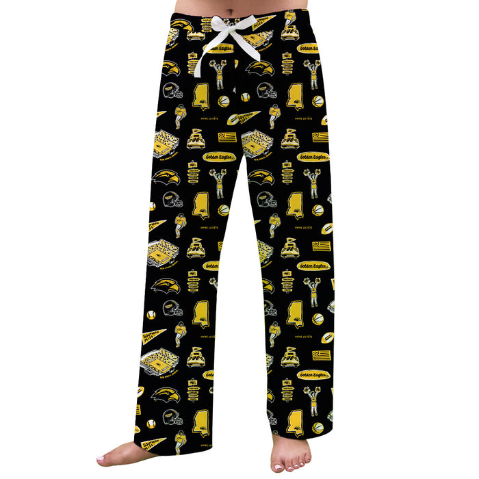 Southern Miss Golden Eagles Repeat Print Hand Sketched Vive La Fete Impressions Artwork Womens  Black Lounge Pants