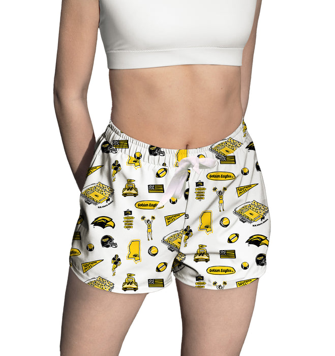 Southern Miss Golden Eagles Repeat Print Hand Sketched Vive La Fete Impressions Artwork Womens White Lounge Shorts