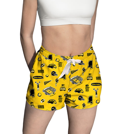 Southern Miss Golden Eagles Repeat Print Hand Sketched Vive La Fete Impressions Artwork Womens Gold Lounge Shorts