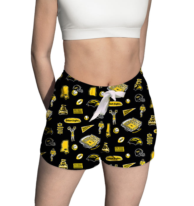 Southern Miss Golden Eagles Repeat Print Hand Sketched Vive La Fete Impressions Artwork Womens Black Lounge Shorts