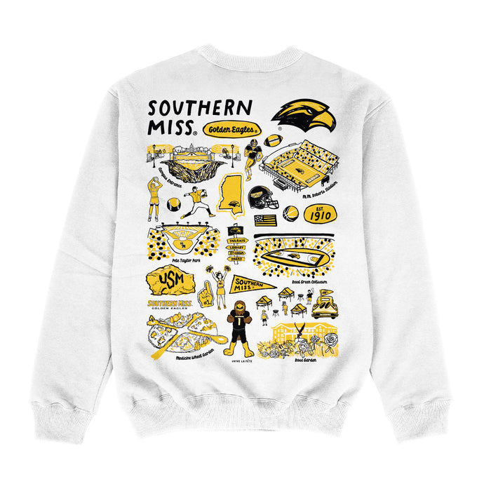 Southern Miss Golden Eagles Hand Sketched Impressions Artwork White Crewneck Sweatshirt for Women