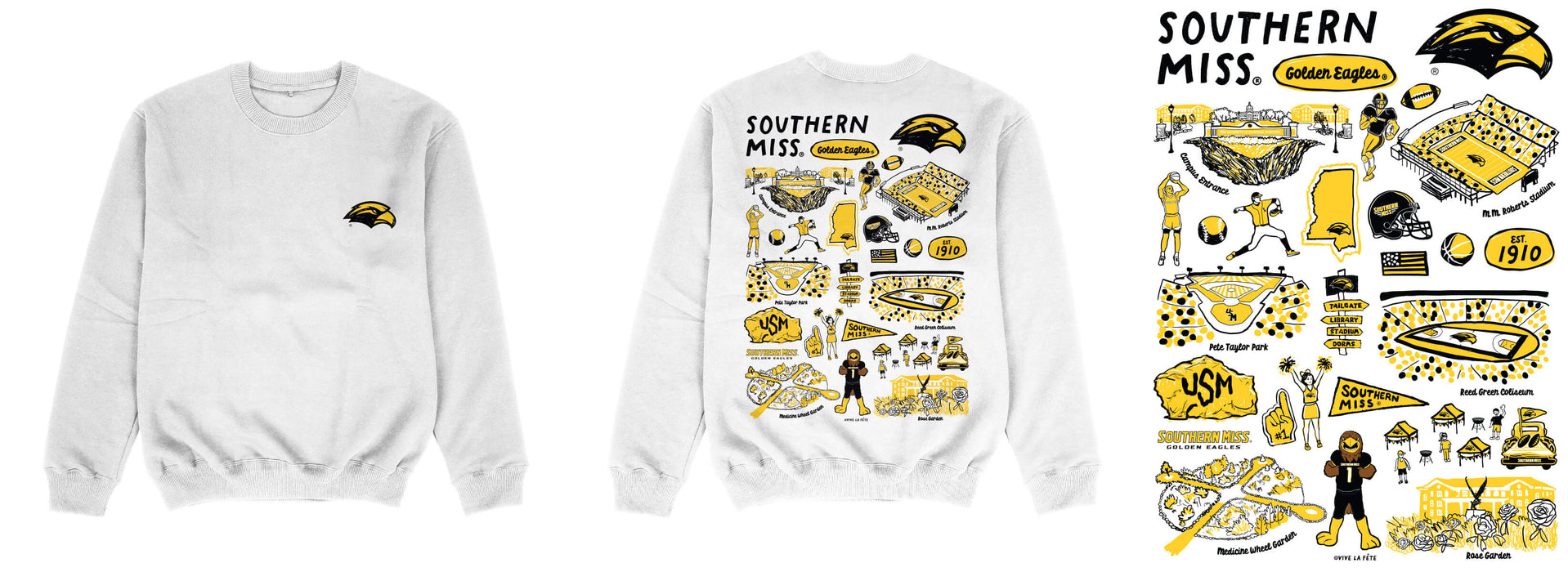 Southern Miss Golden Eagles Hand Sketched Impressions Artwork White Crewneck Sweatshirt for Women