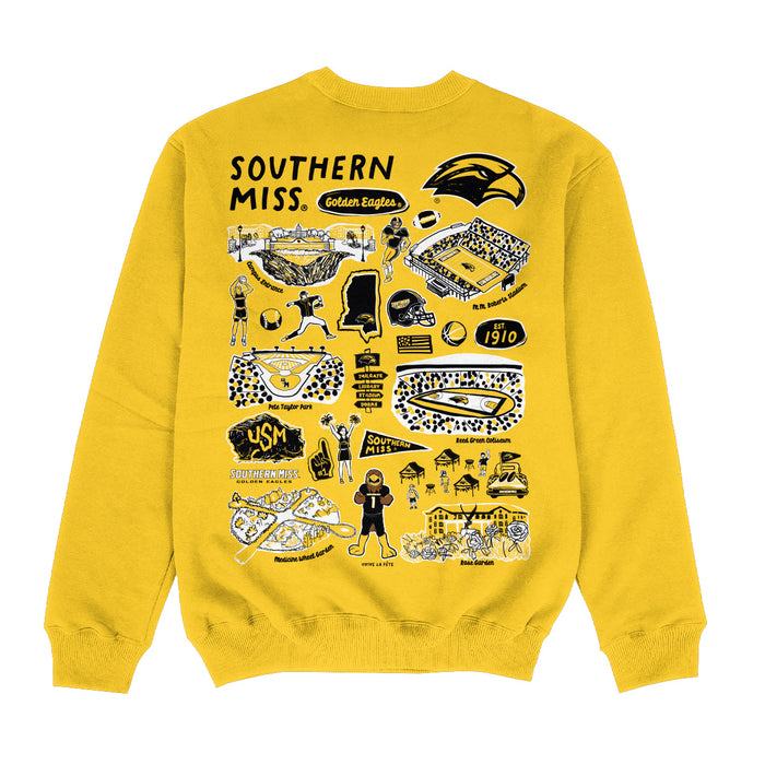 Southern Miss Golden Eagles Hand Sketched Impressions Artwork Gold Crewneck Sweatshirt for Women