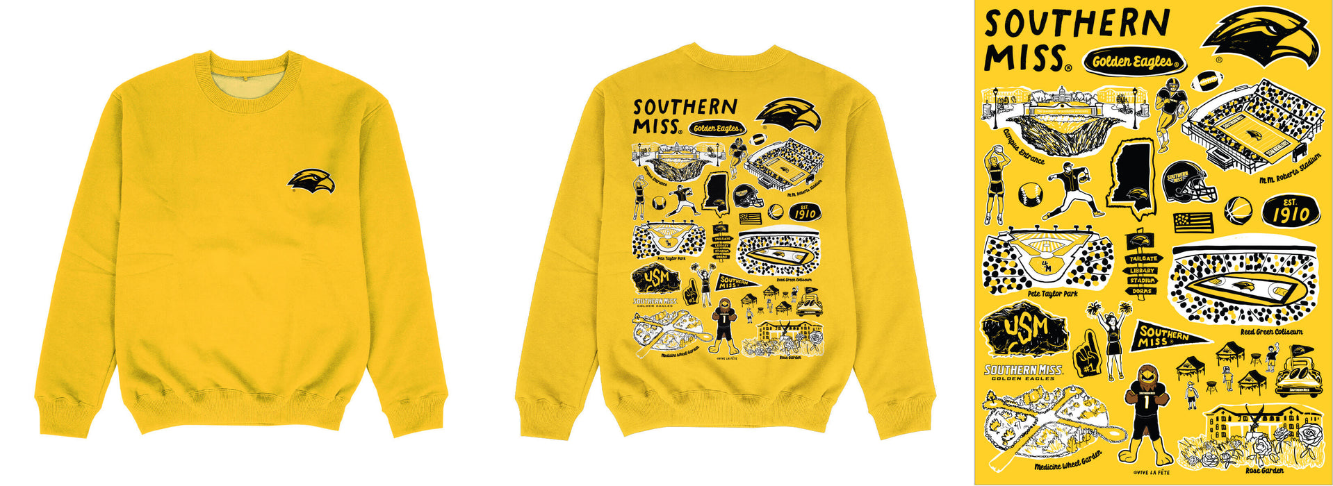 Southern Miss Golden Eagles Hand Sketched Impressions Artwork Gold Crewneck Sweatshirt for Women