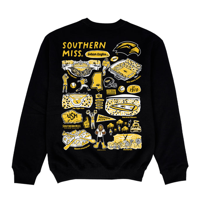 Southern Miss Golden Eagles Hand Sketched Impressions Artwork Black Crewneck Sweatshirt for Women