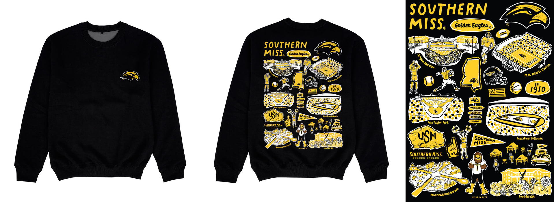 Southern Miss Golden Eagles Hand Sketched Impressions Artwork Black Crewneck Sweatshirt for Women