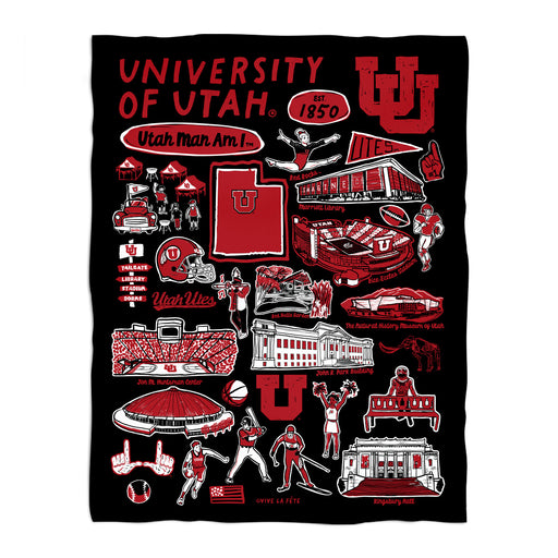 University of Utah Utes Black Hand Sketched Vive La Fete Impressions Artwork Plush Soft Minky Blanket 36 x 48