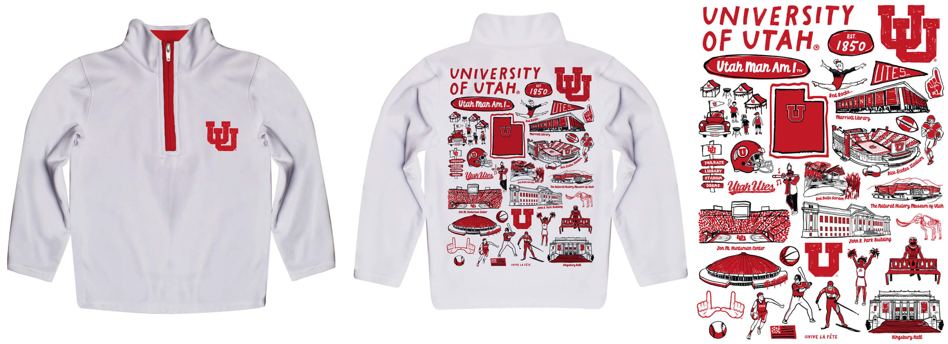 University of Utah Utes Hand Sketched Vive La Fete Impressions Artwork  White Boys Quarter Zip Pullover V1