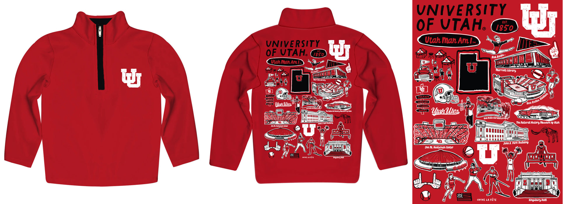 University of Utah Utes Hand Sketched Vive La Fete Impressions Artwork  Red Boys Quarter Zip Pullover V1