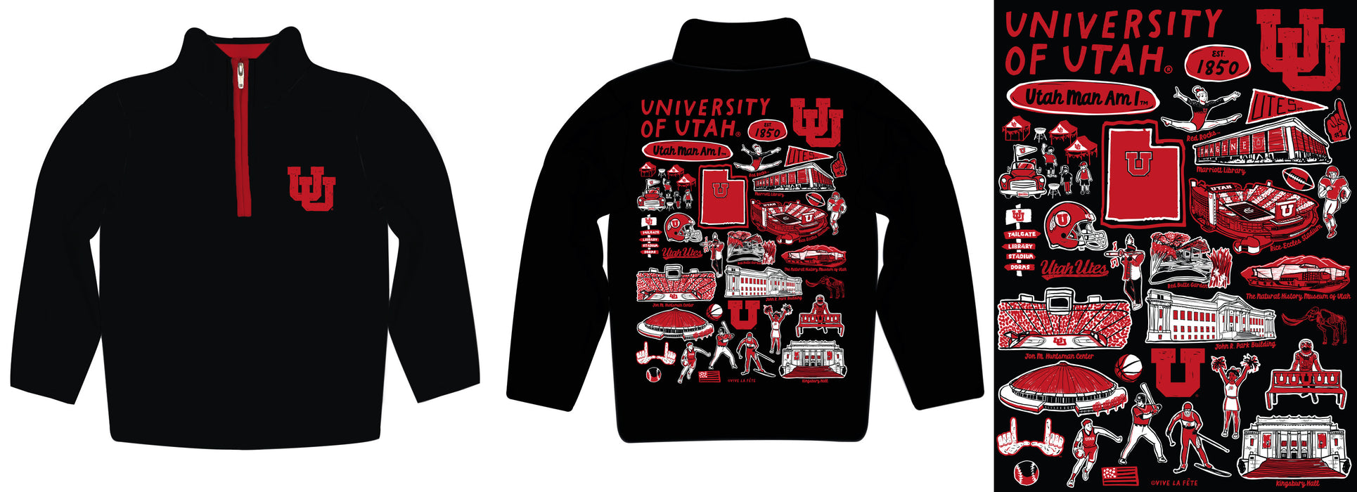 University of Utah Utes Hand Sketched Vive La Fete Impressions Artwork  Black Boys Quarter Zip Pullover V1