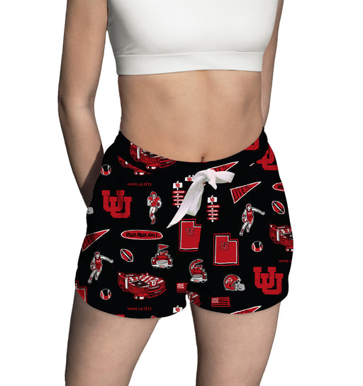 University of Utah Utes Repeat Print Hand Sketched Vive La Fete Impressions Artwork Womens Black Lounge Shorts