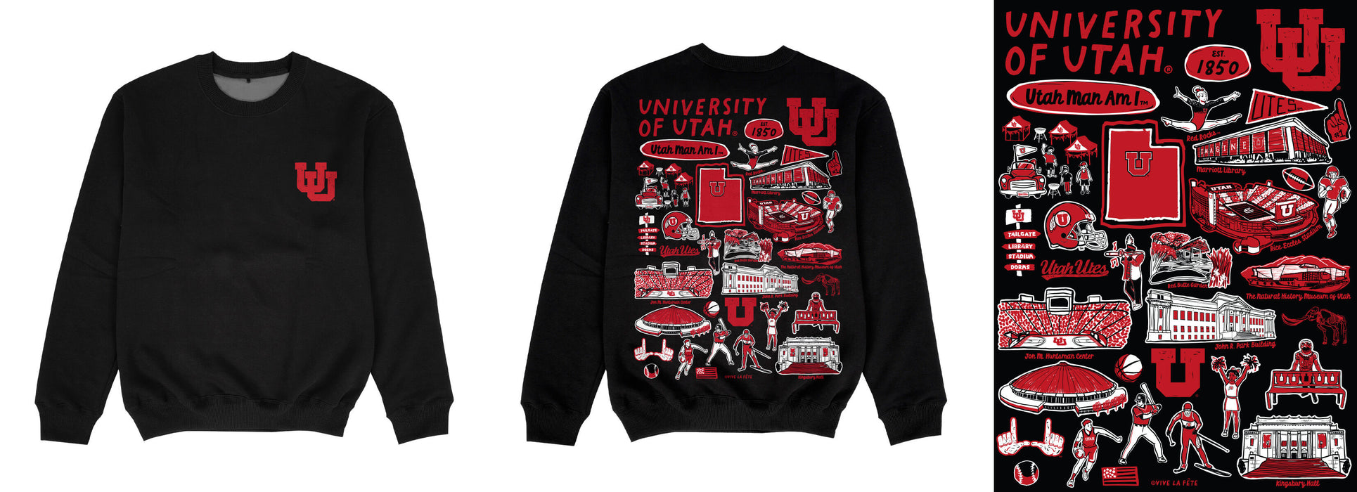 University of Utah Utes Hand Sketched Impressions Artwork Black Crewneck Sweatshirt for Women