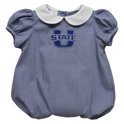 Utah State Aggies USU Embroidered Navy Gingham Girls Baby Bubble Short Sleeve