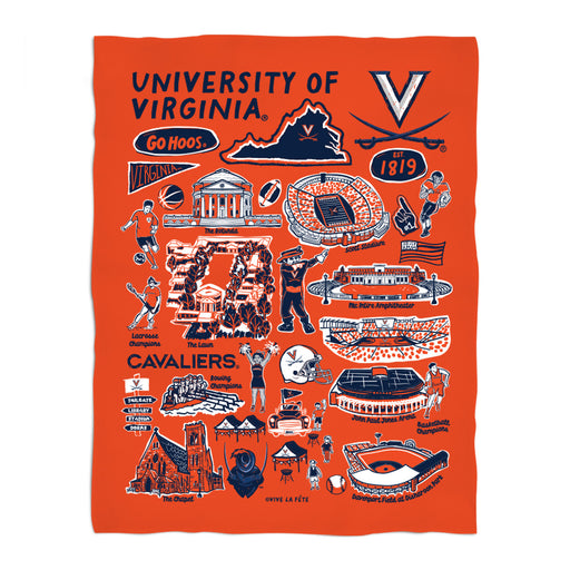 Virginia Cavaliers UVA Orange Hand Sketched Vive La Fete Impressions Artwork Plush Soft Minky Blanket 36 x 48