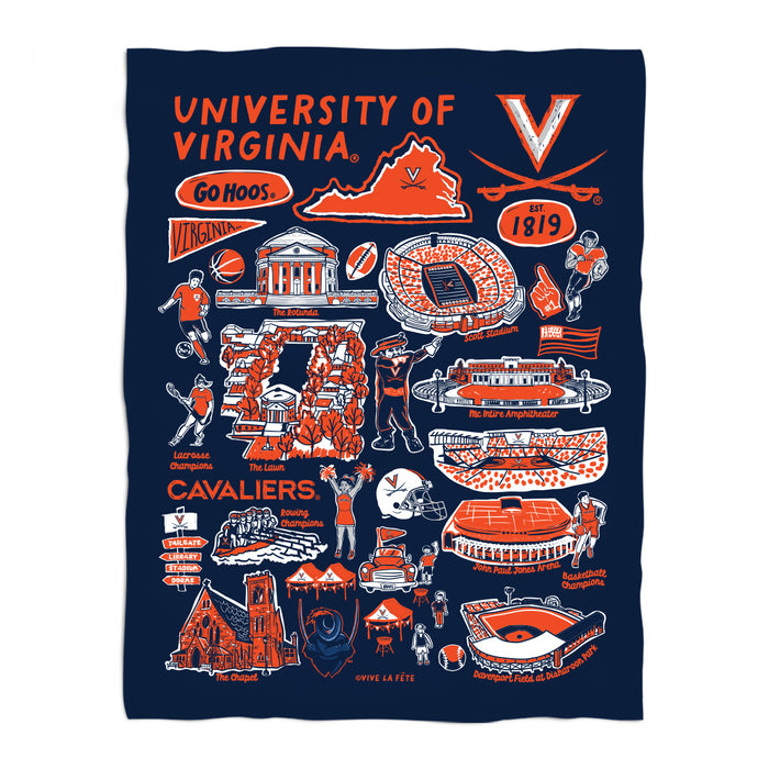 Virginia Cavaliers UVA Navy Hand Sketched Vive La Fete Impressions Artwork Plush Soft Minky Blanket 36 x 48