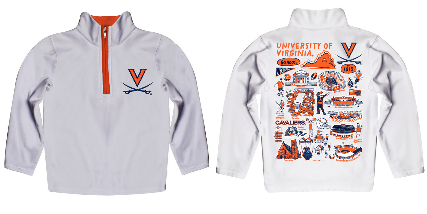 Virginia Cavaliers UVA Hand Sketched Vive La Fete Impressions Artwork White Boys Quarter Zip Pullover V1