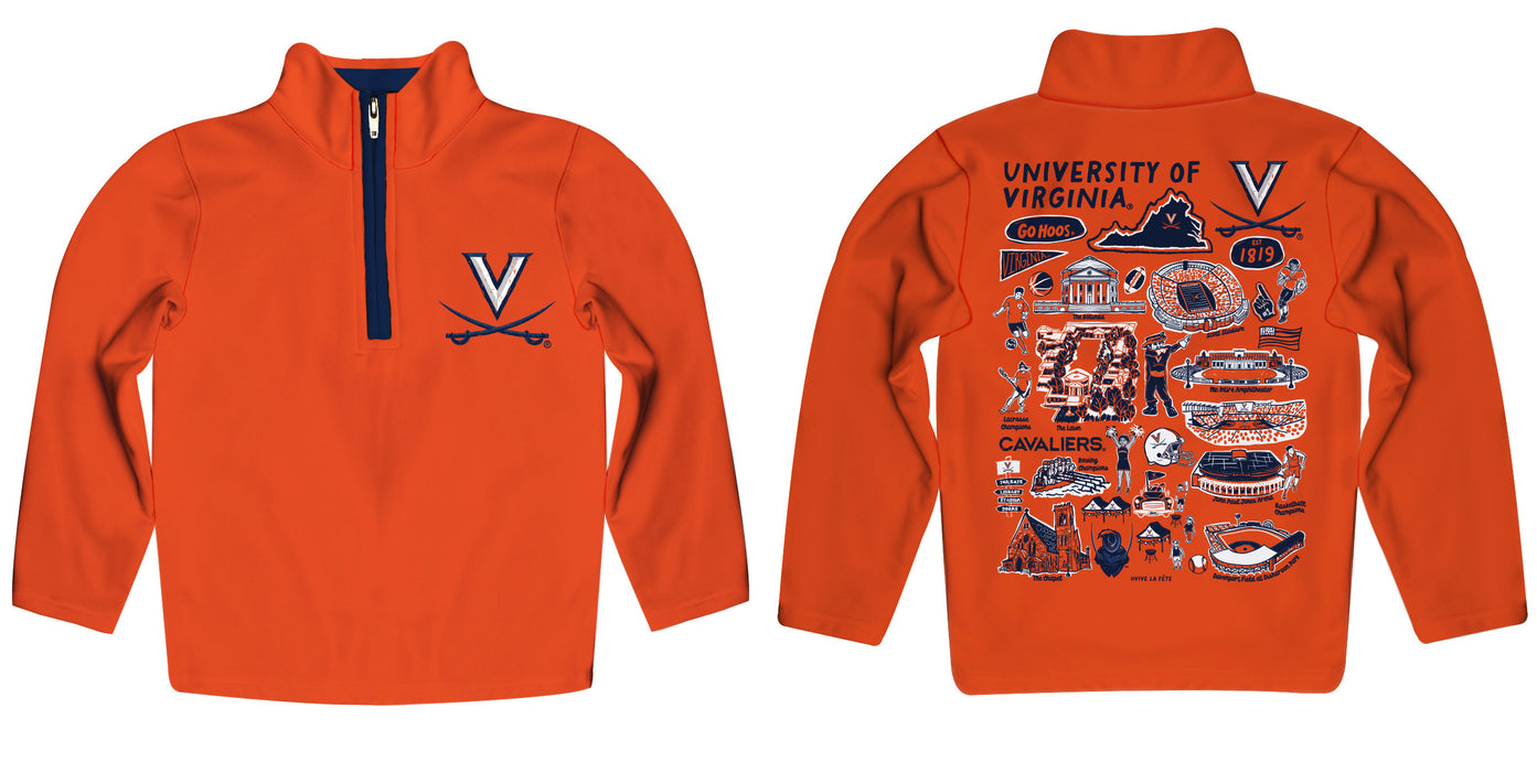 Virginia Cavaliers UVA Hand Sketched Vive La Fete Impressions Artwork  Orange Boys Quarter Zip Pullover V1