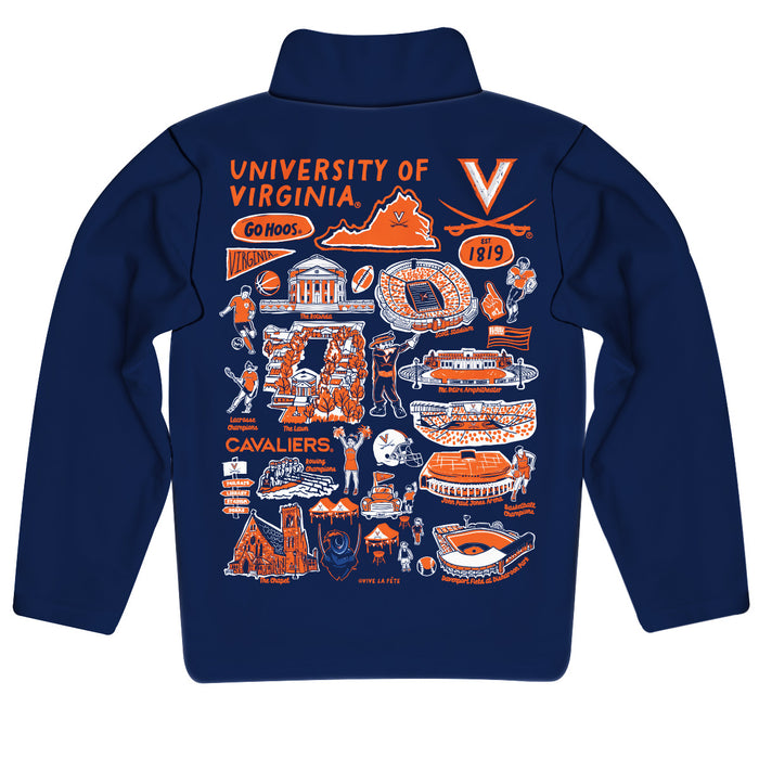 Virginia Cavaliers UVA Hand Sketched Vive La Fete Impressions Artwork Navy Boys Quarter Zip Pullover V1