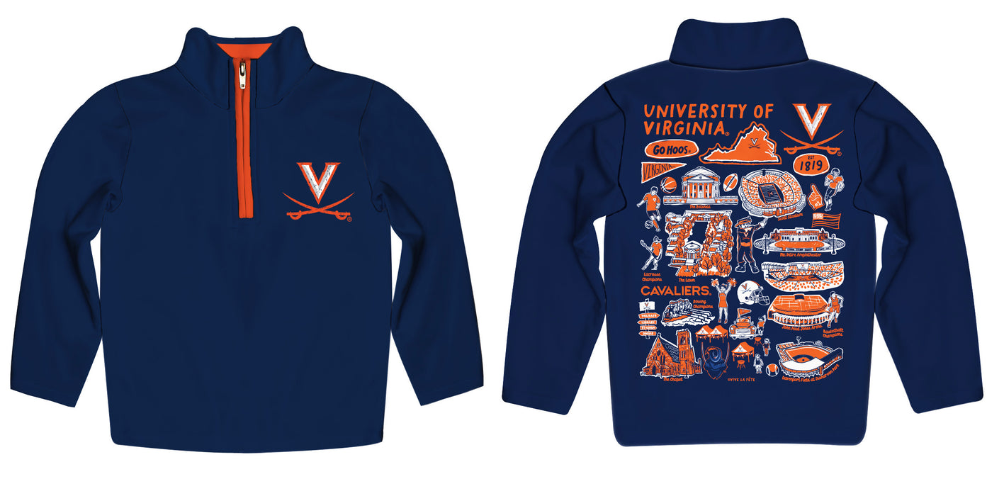 Virginia Cavaliers UVA Hand Sketched Vive La Fete Impressions Artwork Navy Boys Quarter Zip Pullover V1