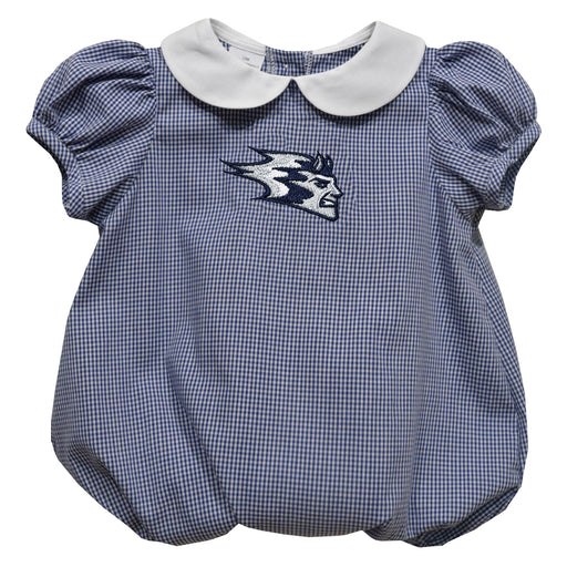 University of Wisconsin Stout Embroidered Navy Gingham Girls Baby Bubble Short Sleeve