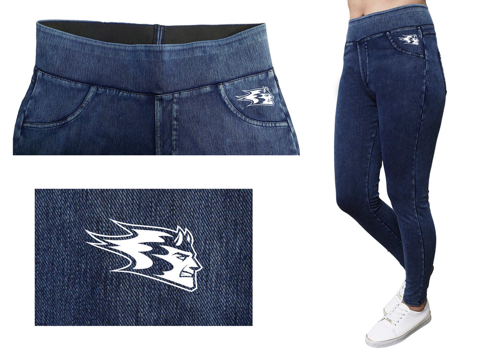 University of Wisconsin Stout Blue Devils UW  Vive La Fete Game Day Collegiate Logo on Faux Pocket Women Navy Jeggings