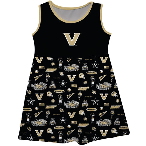 Vanderbilt University Commodores Sleeveless Tank Dress Girls Black Repeat Print Hand Sketched Vive La Fete Impressions