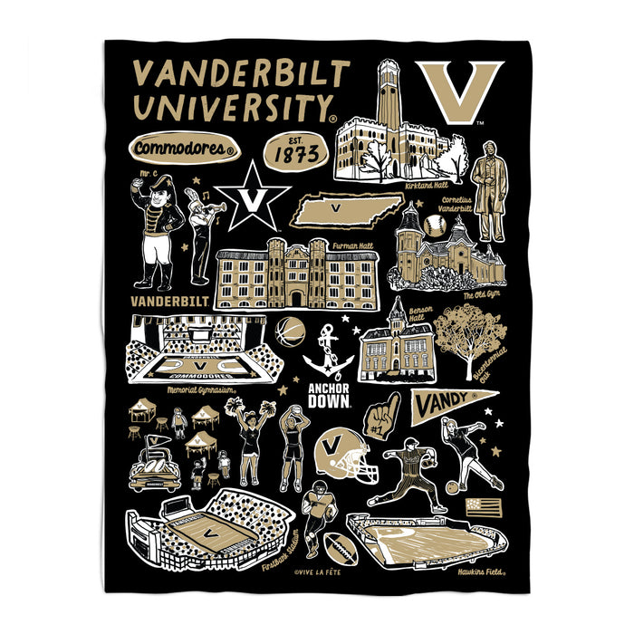 Vanderbilt University Commodores Black Hand Sketched Vive La Fete Impressions Artwork Plush Soft Minky Blanket 36 x 48