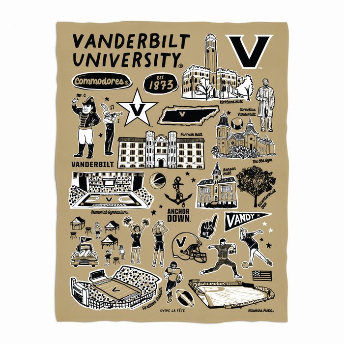 Vanderbilt University Commodores Gold Hand Sketched Vive La Fete Impressions Artwork Plush Soft Minky Blanket 36 x 48