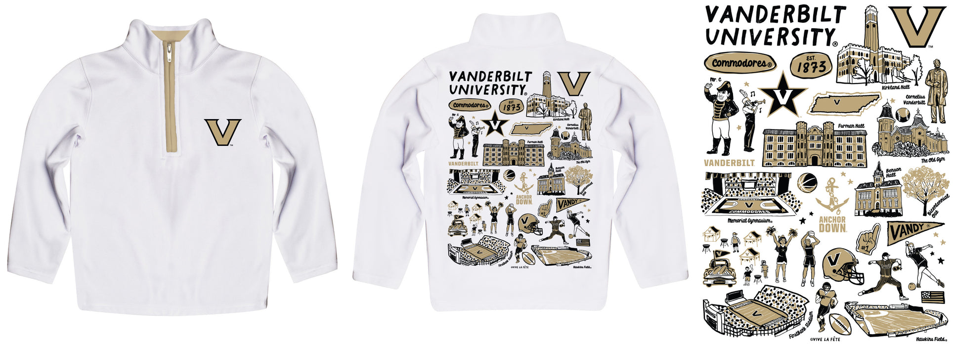 Vanderbilt University Commodores Hand Sketched Vive La Fete Impressions Artwork White Boys Quarter Zip Pullover V1