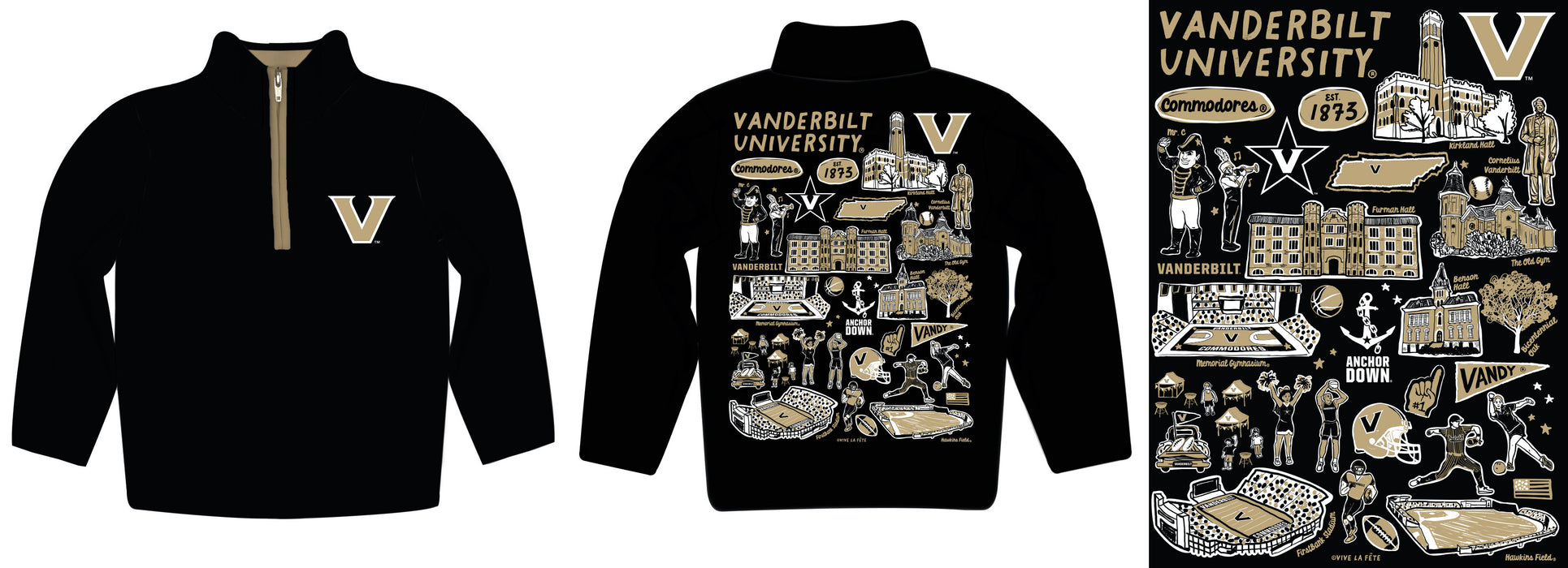 Vanderbilt University Commodores Hand Sketched Vive La Fete Impressions Artwork Black Boys Quarter Zip Pullover V1