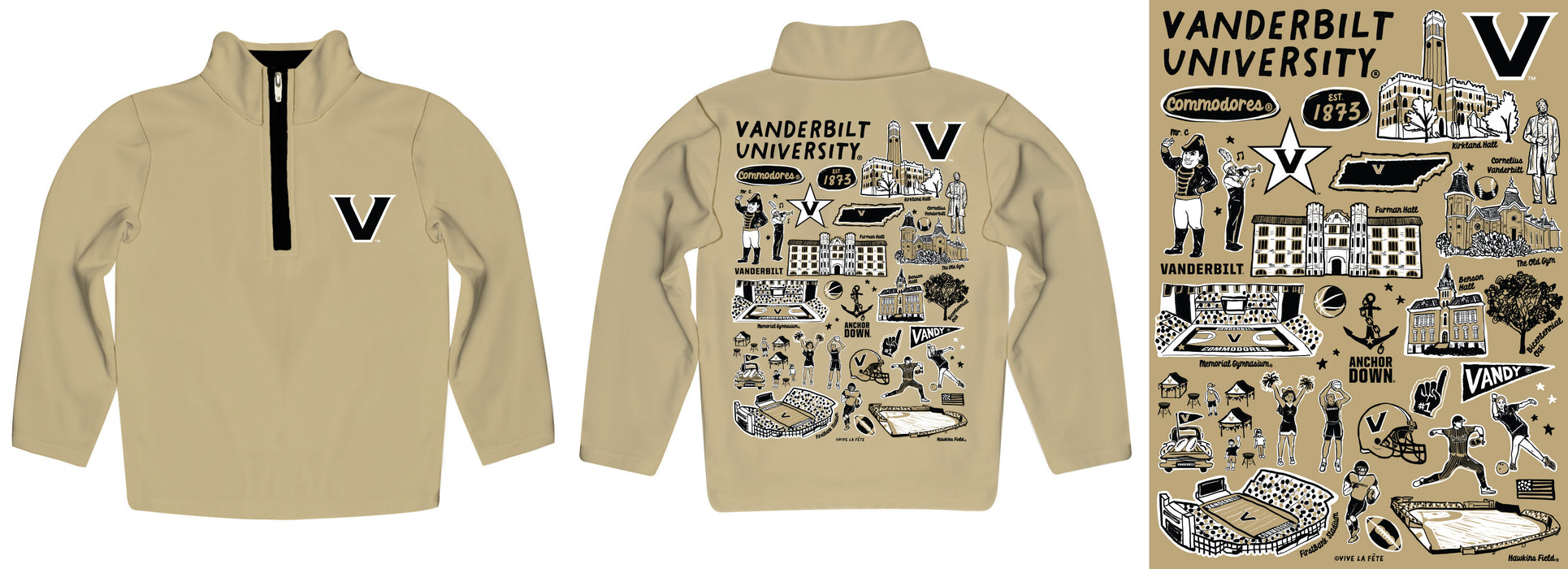 Vanderbilt University Commodores Hand Sketched Vive La Fete Impressions Artwork Gold Boys Quarter Zip Pullover V1