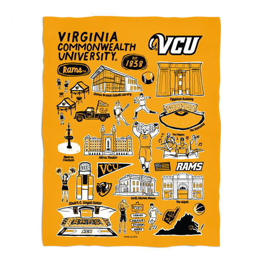 VCU Rams Virginia Commonwealth Gold Hand Sketched Vive La Fete Impressions Artwork Plush Soft Minky Blanket 36 x 48