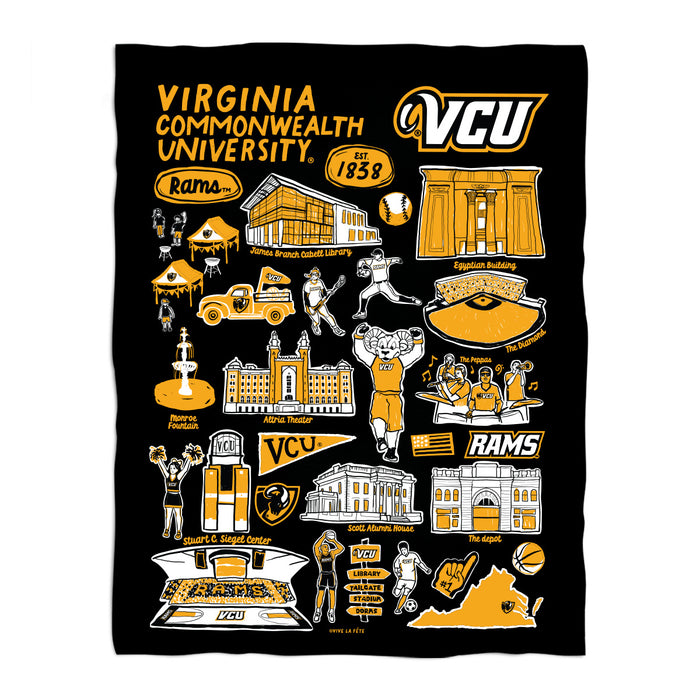 VCU Rams Virginia Commonwealth Black Hand Sketched Vive La Fete Impressions Artwork Plush Soft Minky Blanket 36 x 48