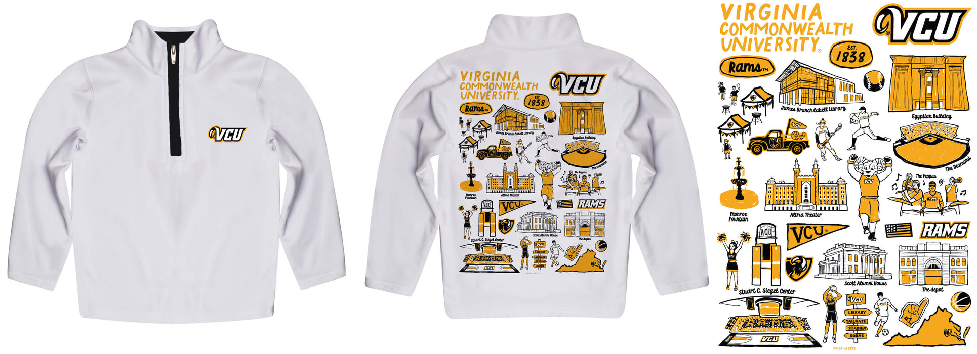 VCU Rams Virginia Commonwealth University Hand Sketched Vive La Fete Impressions Artwork  White Boys Quarter Zip Pullover V1