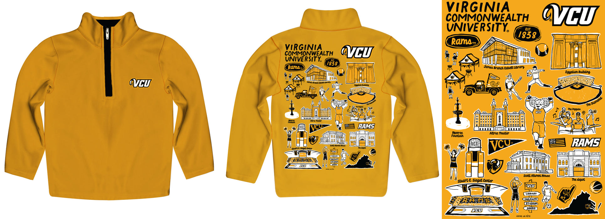 VCU Rams Virginia Commonwealth University Hand Sketched Vive La Fete Impressions Artwork  Gold Boys Quarter Zip Pullover V1