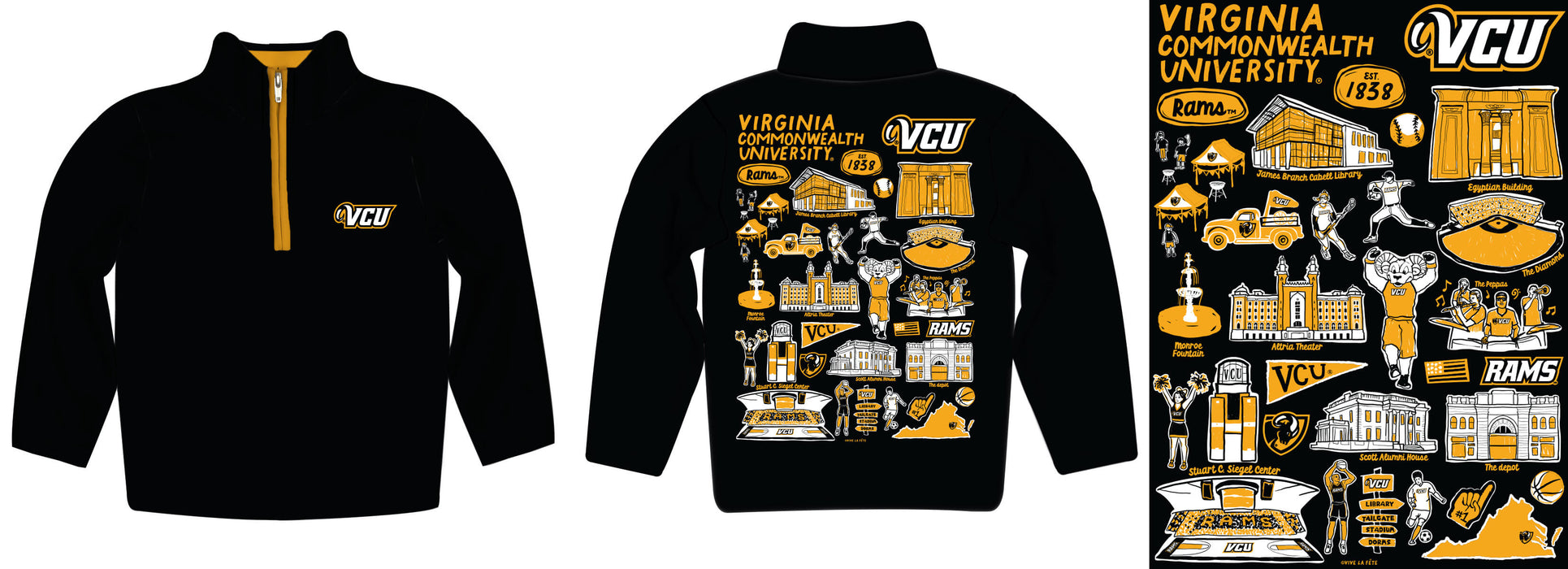 VCU Rams Virginia Commonwealth University Hand Sketched Vive La Fete Impressions Artwork  Black Boys Quarter Zip Pullover V1