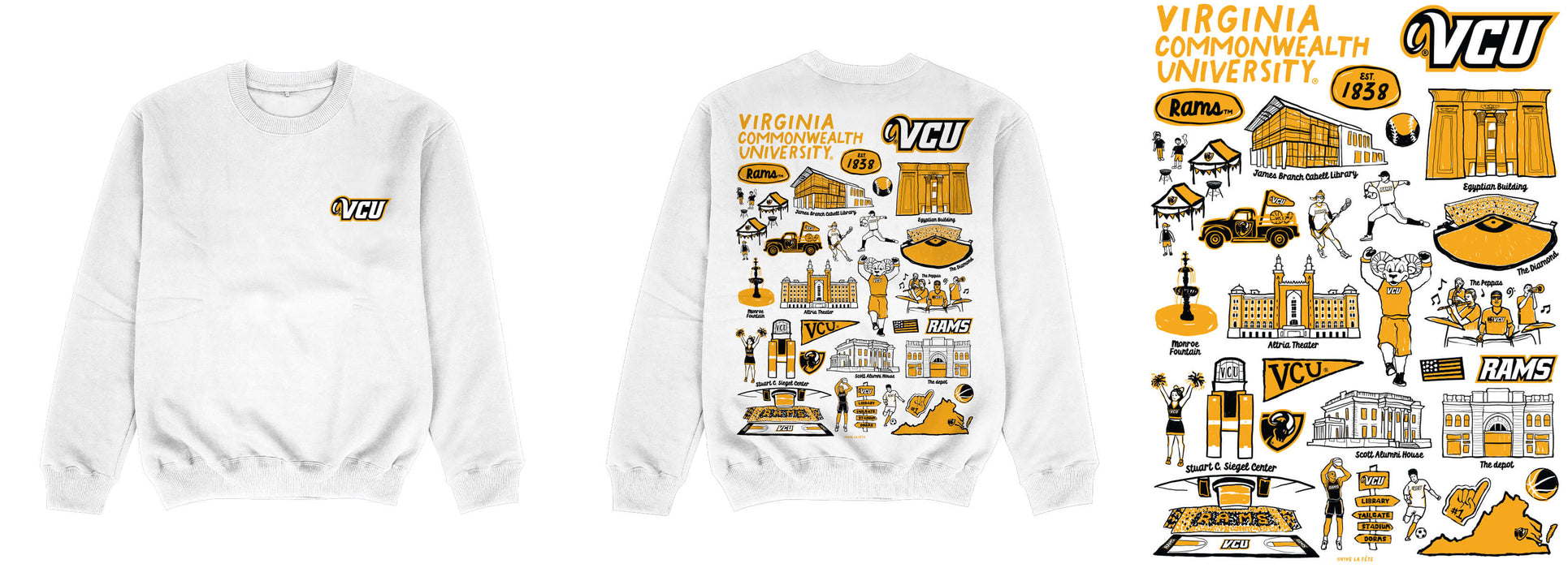 VCU Rams Virginia Commonwealth University Hand Sketched Impressions Artwork White Crewneck Sweatshi