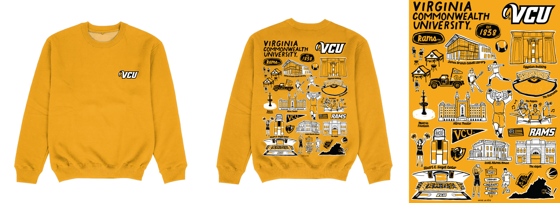 VCU Rams Virginia Commonwealth University Hand Sketched Impressions Artwork Gold Crewneck Sweatshir