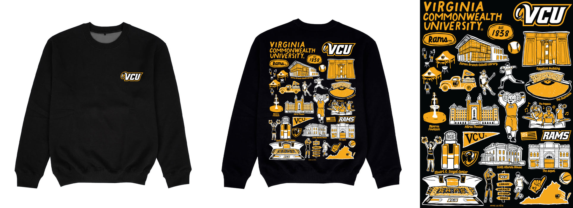 VCU Rams Virginia Commonwealth University Hand Sketched Impressions Artwork Black Crewneck Sweatshi