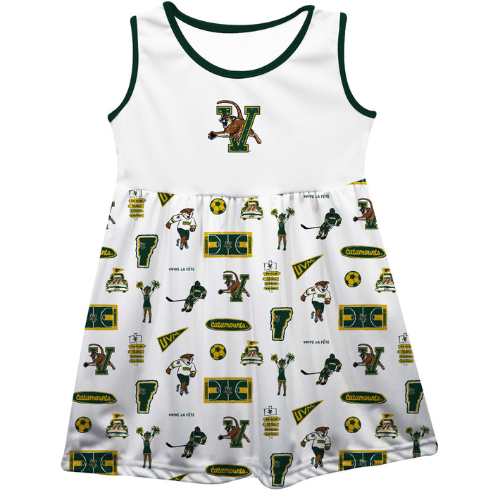 Vermont Catamounts Sleeveless Tank Dress Girls White Logo & Repeat Print Hand Sketched Vive La Fete Impressions Artwork