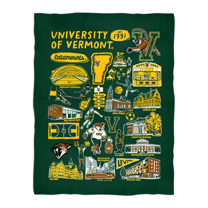 Vermont Catamounts Green Hand Sketched Vive La Fete Impressions Artwork Green Plush Soft Minky Blanket 36 x 48