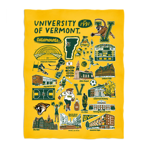 Vermont Catamounts Gold Hand Sketched Vive La Fete Impressions Artwork Gold Plush Soft Minky Blanket 36 x 48