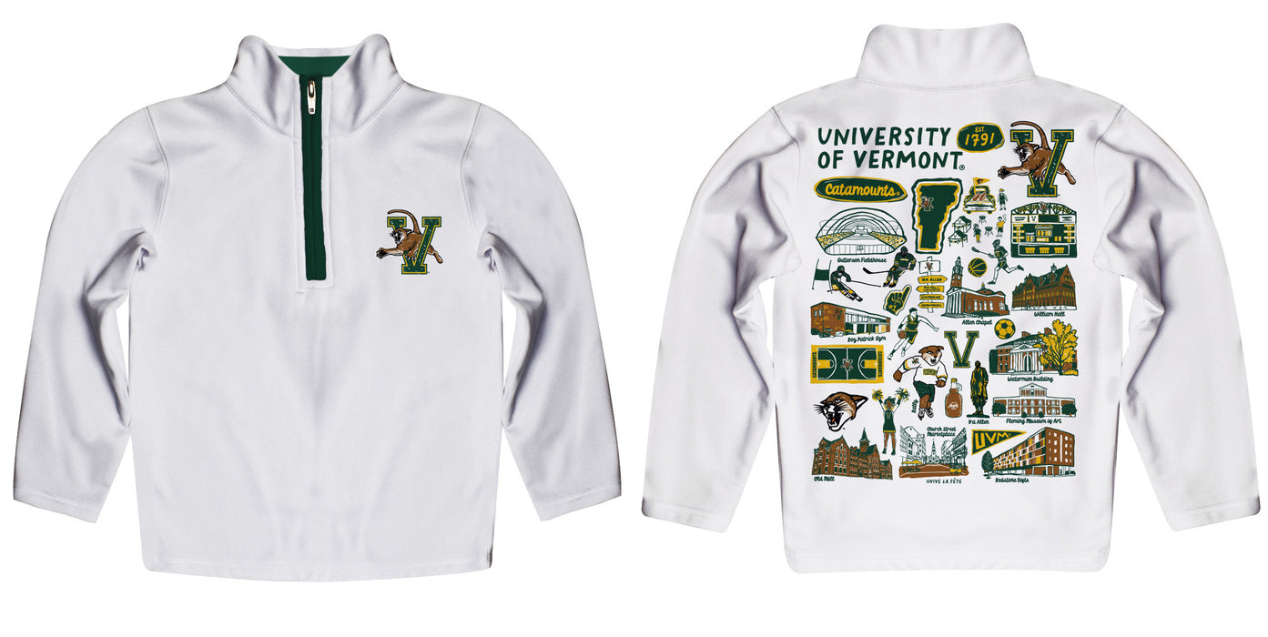 Vermont Catamounts Hand Sketched Vive La Fete Impressions Artwork White Boys Quarter Zip Pullover