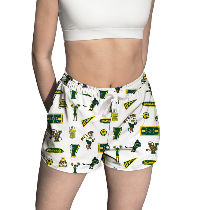 Vermont Catamounts Repeat Print Hand Sketched Vive La Fete Impressions Artwork Womens White Lounge Shorts