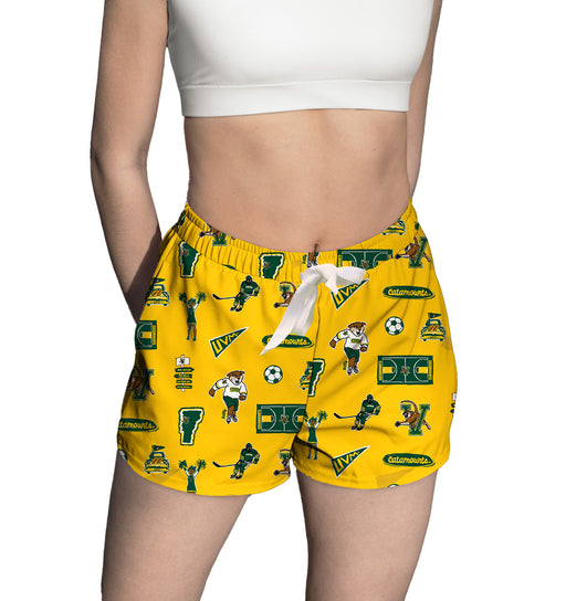 Vermont Catamounts Repeat Print Hand Sketched Vive La Fete Impressions Artwork Womens Gold Lounge Shorts