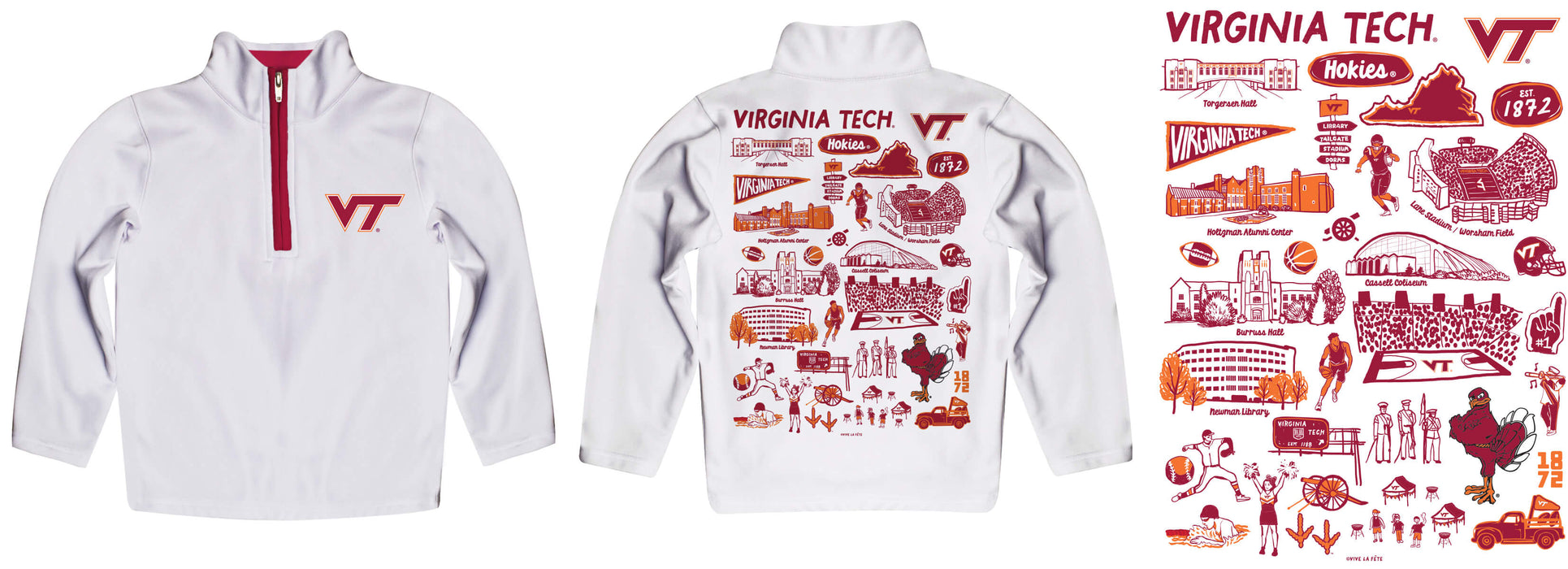 Virginia Tech Hokies VT  Hand Sketched Vive La Fete Impressions Artwork White Boys Quarter Zip Pullover V1