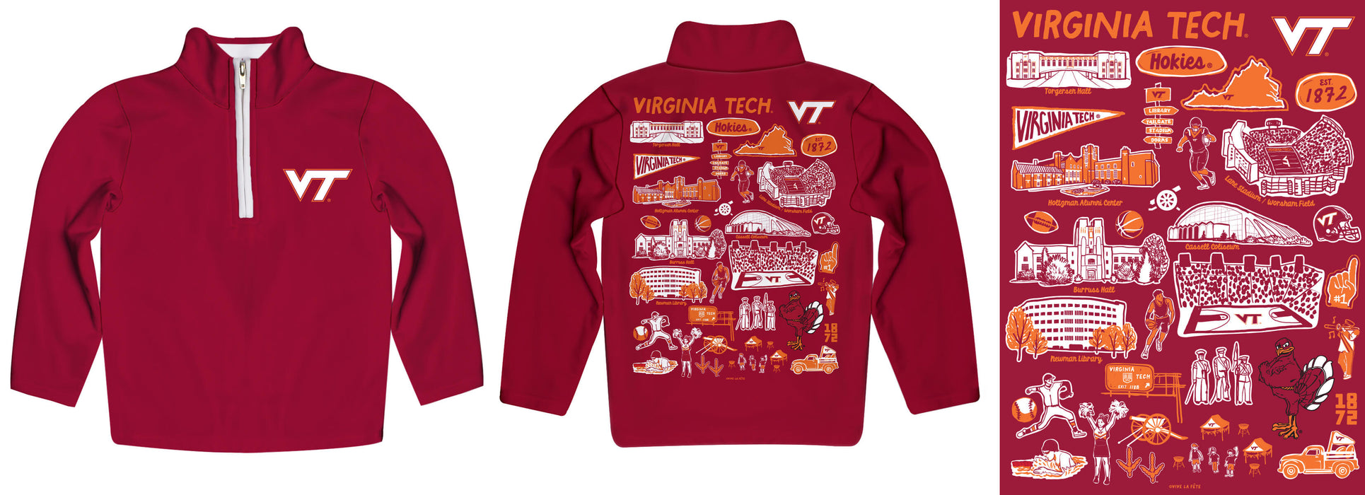 Virginia Tech Hokies VT  Hand Sketched Vive La Fete Impressions Artwork Red Boys Quarter Zip Pullover V1