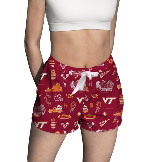 Virginia Tech Hokies VT  Repeat Print Hand Sketched Vive La Fete Impressions Artwork Womens Red Lounge Shorts