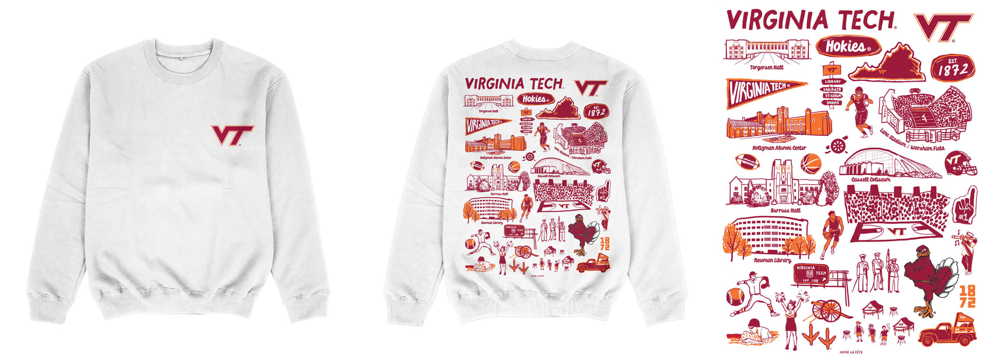 Virginia Tech Hokies VTHand Sketched Impressions Artwork White Crewneck Sweatshirt for Women