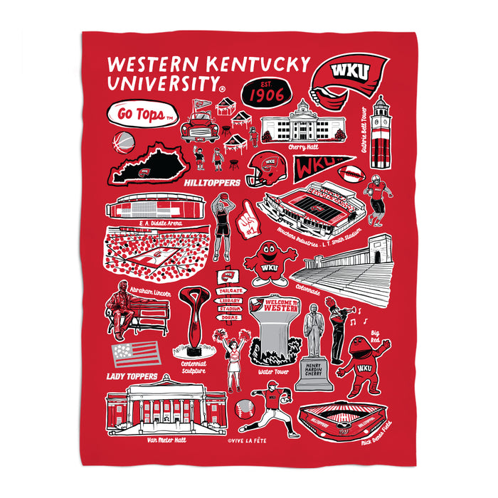 Western Kentucky Hilltoppers Red Hand Sketched Vive La Fete Impressions Artwork Plush Soft Minky Blanket 36 x 48